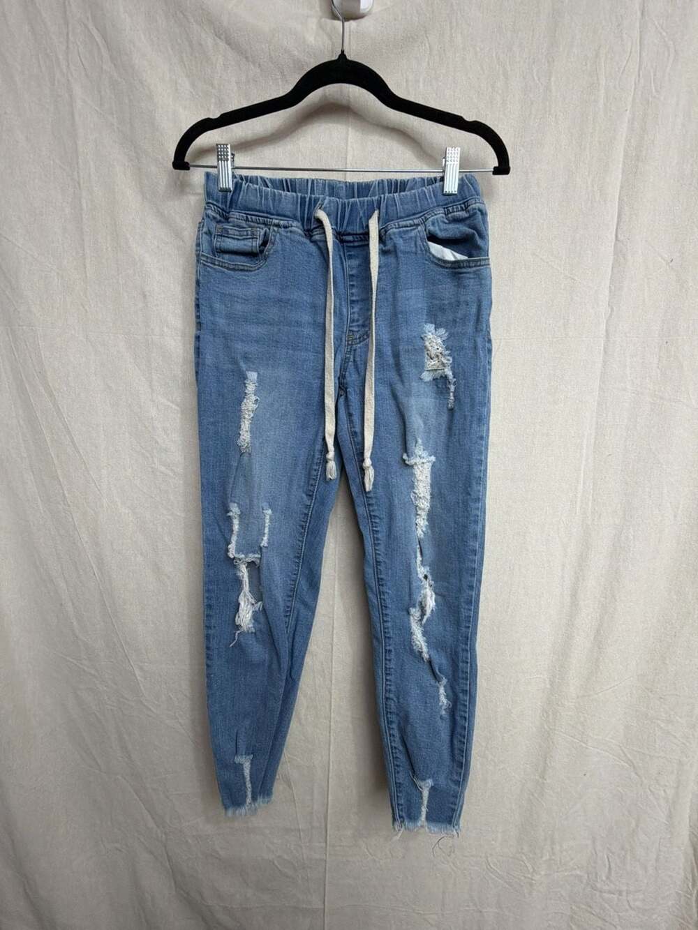 SHEIN Drawstring Distressed Skinny Jeans Size W28 L32 Light Wash Denim
